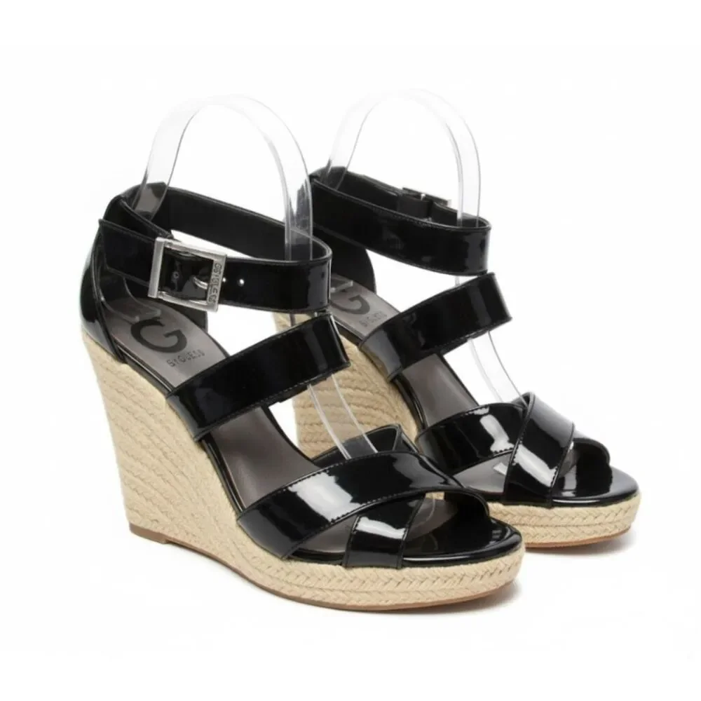 G by GUESS Black Patent Espadrille Wedge Sandals Ankle Strap Sz 8M